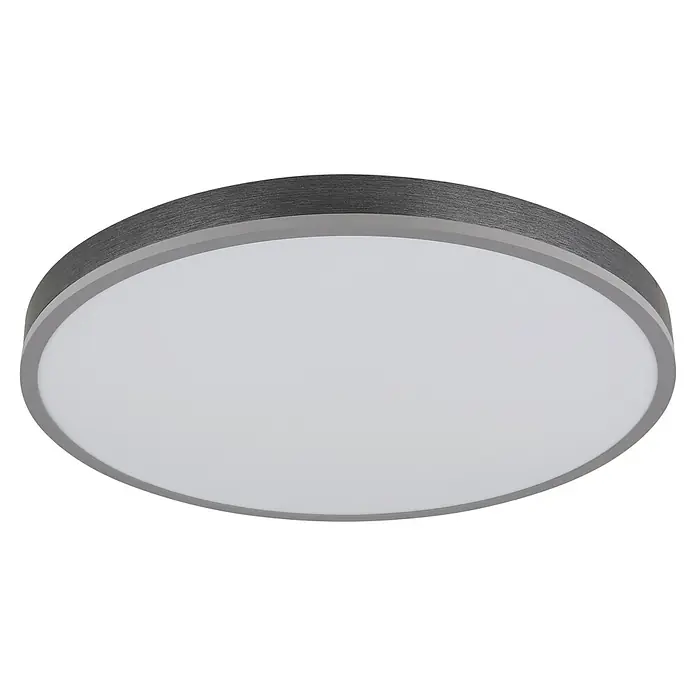 Globo LED-Panel Doro - 40 W, Warmweiß - Runde Deckenleuchte mit dunkelgrauem gebürstetem Rand und weißem Diffusor.