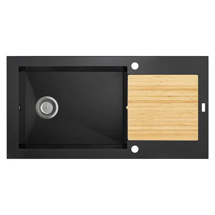 Carea Einbauspüle Katla - 98 x 50 cm, Schwarz - Küchenspüle aus schwarzem Edelstahl mit Schneidebrett aus Bambus, ideal für moderne Küchen. Robust und funktional gestaltet.