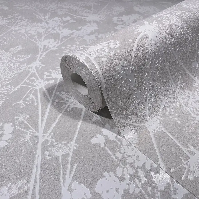 Marburg Vliestapete Novamur Mona Floral I - Grau, Floral, 10,05 x 0,53 m - Texturierte graue Tapetenrolle mit weißen Pflanzensilhouetten.