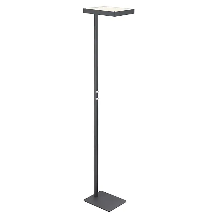 Globo LED-Deckenfluter Barker - 45 W, Höhe: 1.848 mm - Moderne dunkelgraue Stehleuchte mit rechteckigem Design, flachem Fuß, hohem Ständer und quadratischem Leuchtkopf, mit zwei silbernen Bedientasten am Ständer.