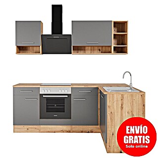 Respekta Cocina esquinera Hilde (Ancho: 220 cm, Gris, Mate, Efecto madera, Con electrodomésticos)