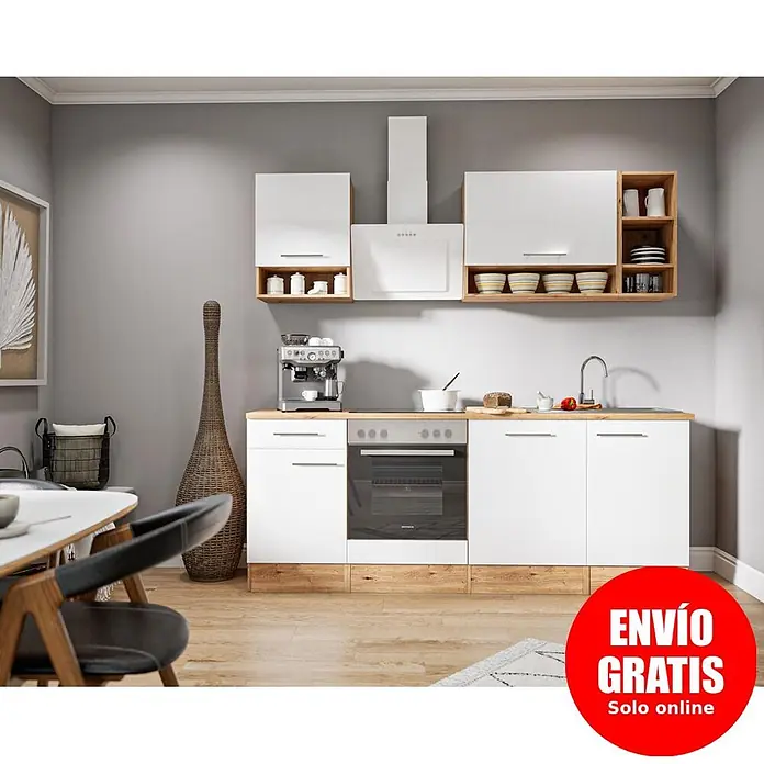 Respekta Cocina compacta Hilde - Ancho: 220 cm, Blanco, Se pueden montar de forma intercambiable, Con electrodomésticos - Cocina moderna con armarios blancos, encimeras de madera clara, horno, placa y fregadero integrados.