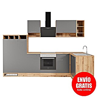 Respekta Cocina esquinera Hilde (Ancho: 310 cm, Gris, Efecto madera, Con electrodomésticos)