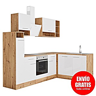 Respekta Cocina esquinera Hilde (Ancho: 250 cm, Blanco, Mate, Efecto madera, Con electrodomésticos)