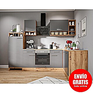 Respekta Cocina esquinera Hilde (Ancho: 280 cm, Gris, Mate, Efecto madera, Con electrodomésticos)