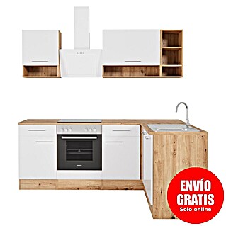 Respekta Cocina esquinera Hilde (Ancho: 220 cm, Blanco, Mate, Efecto madera, Con electrodomésticos)