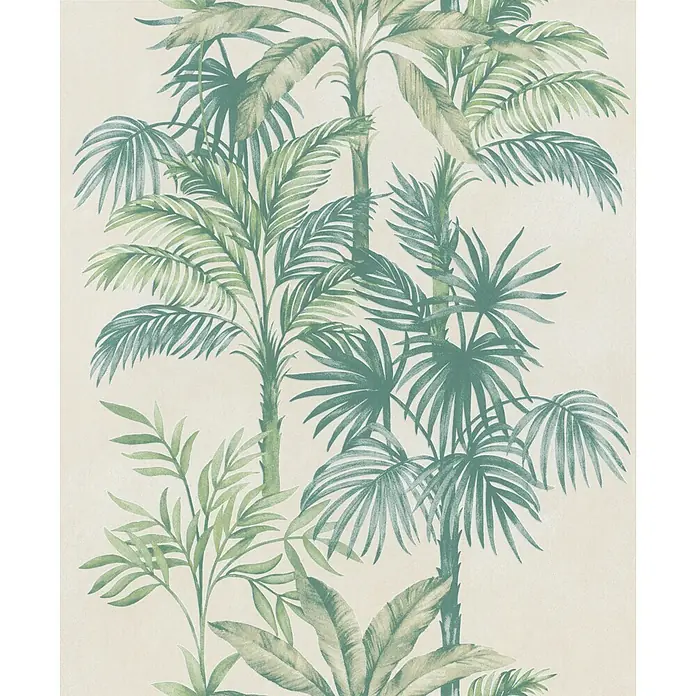 Marburg Vliestapete Novamur Leyla Floral I - Beige-Grün, Floral, 10,05 x 0,53 m - Tapete mit tropischem Muster aus grünen und blaugrünen Palmenblättern und Stämmen.