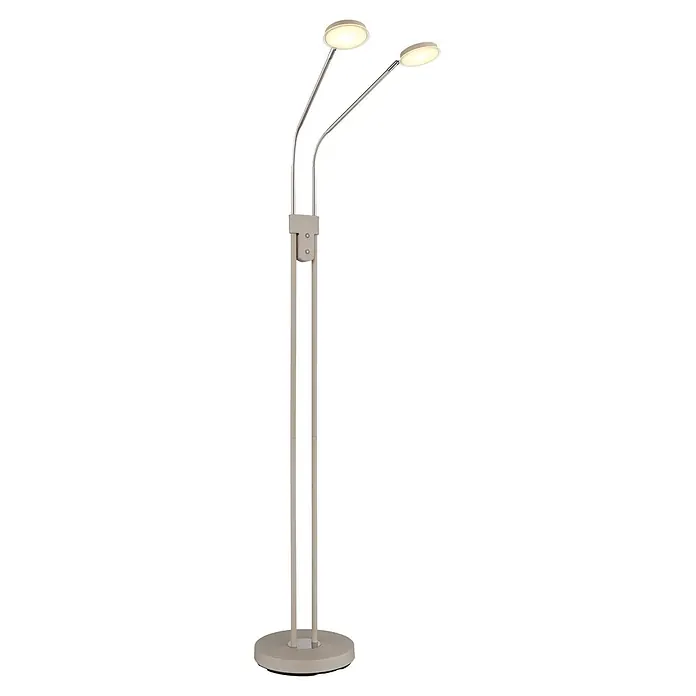 Globo LED-Deckenfluter Silvio - 6,5 W, Höhe: 1.730 mm - Zweiflammige Stehleuchte mit verstellbaren silbernen Armen und hellbeigem Ständer, strahlt warmes LED-Licht aus.