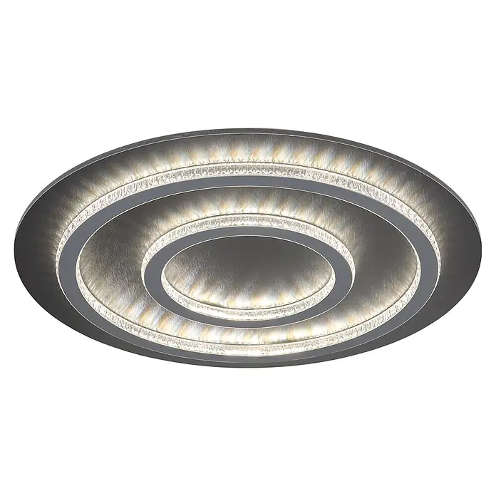 Globo LED-Deckenleuchte Jayden - 60 W, Warmweiß, Ø x H: 550 x 60 mm - Ovale LED-Deckenleuchte aus gebürstetem Silber mit drei konzentrischen Ringen und Kristall-Effekt-Diffusoren.