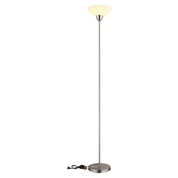 Globo Stehleuchte Lima - 60 W, Höhe: 1.800 mm, E27 - Stehleuchte aus satiniertem Nickel mit mattiertem Glas-Up-Light-Schirm und integriertem Fußschalter.