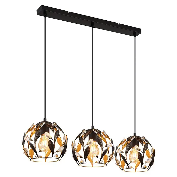 Globo Pendelleuchte Mika - 40 W, L x B x H: 740 x 200 x 1.500 mm, E27 - Dreifache Pendelleuchte mit schwarzer Stange, Kabeln und drei kugelförmigen Lampen mit schwarzen, goldfarbenen Blattmotiven, Kristallakzenten und warmen Glühbirnen.