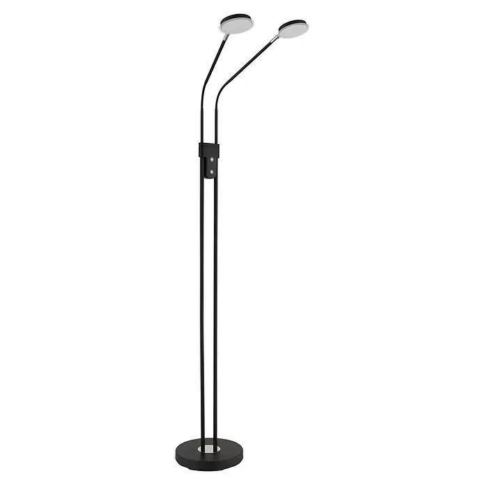 Globo LED-Deckenfluter Silvio - 6,5 W, Höhe: 1.730 mm - Schwarze Stehleuchte mit zwei flexiblen Armen, die jeweils einen flachen, runden LED-Leuchtkopf tragen, auf einem stabilen runden Fuß.