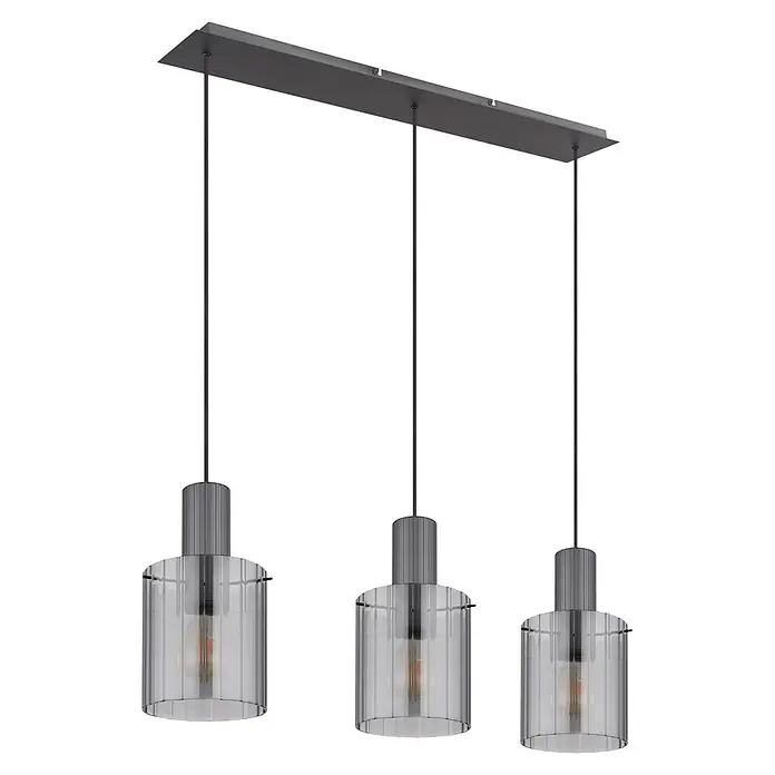 Globo Pendelleuchte Tulivar - 40 W, L x B x H: 980 x 180 x 1.200 mm - Dreiflammige Hängeleuchte mit dunkelgrauer Metallbasis und gerippten Klarglasschirmen, warm leuchtende Glühbirnen.