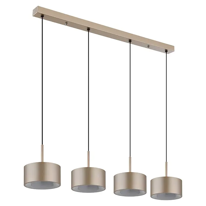 Globo LED-Pendelleuchte rund Raymond - 40 W, Warmweiß - Champagnergoldene lineare Pendelleuchte mit vier zylindrischen Lampen.