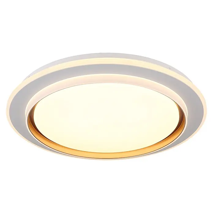 Globo LED-Deckenleuchte rund Janice - 48 W, Ø x H: 490 x 70 mm, Warmweiß - Moderne ovale LED-Deckenleuchte mit weißen und goldenen verschachtelten Ringen, warmes Licht ausstrahlend.