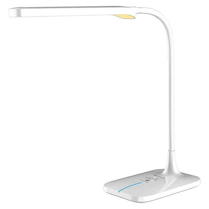Globo LED-Tischleuchte Ursino - 9 W, L x B x H: 58,7 x 20 x 107 cm, Weiß, Kaltweiß - Weiße LED-Schreibtischlampe mit flexiblem Hals und rechteckiger Lichtleiste, Bedienelementen und blauem Akzentlicht am Sockel.