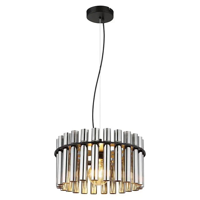 Globo Pendelleuchte rund Gorley - 60 W, Ø x H: 38 x 120 cm, E27 - Moderne Pendelleuchte mit schwarzem Baldachin, schwarzem Kabel und zylindrischen silber-chrom Stäben um eine leuchtende Glühbirne.