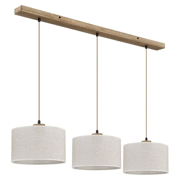 Globo Pendelleuchte Jule - L x B x H: 1.000 x 250 x 1.200 mm, Lampenfassung: E27 - Drei Pendelleuchten mit hellen Stoffschirmen, aufgehängt an einer Holzleiste.