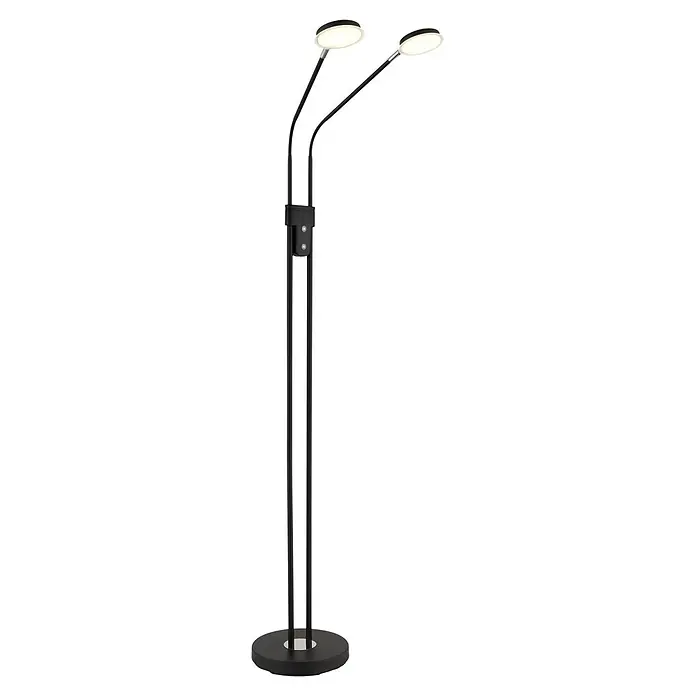 Globo LED-Deckenfluter Silvio - 6,5 W, Höhe: 1.730 mm - Elegante schwarze LED-Stehleuchte mit zwei verstellbaren Köpfen und runden beleuchteten Diffusoren auf stabilem Fuß.