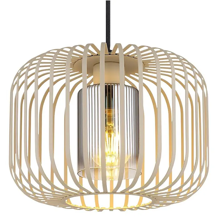 Globo Pendelleuchte Alfred - 40 W, Höhe: 1.200 mm, E27 - Helle beige Hängeleuchte aus Holzlamellen mit einem klaren Glaszylinder und einer sichtbaren Glühbirne, an schwarzem Kabel.