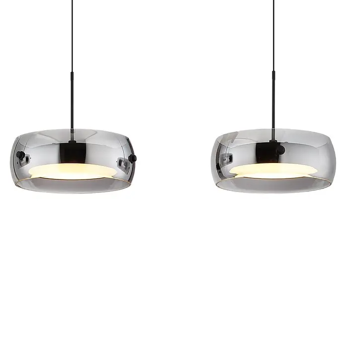 Globo LED-Pendelleuchte rund Livion - 30 W, L x B x H: 850 x 200 x 1.200 mm - Zwei moderne Chrom-Pendelleuchten mit warmer, leuchtender Innenseite, von der Decke hängend.