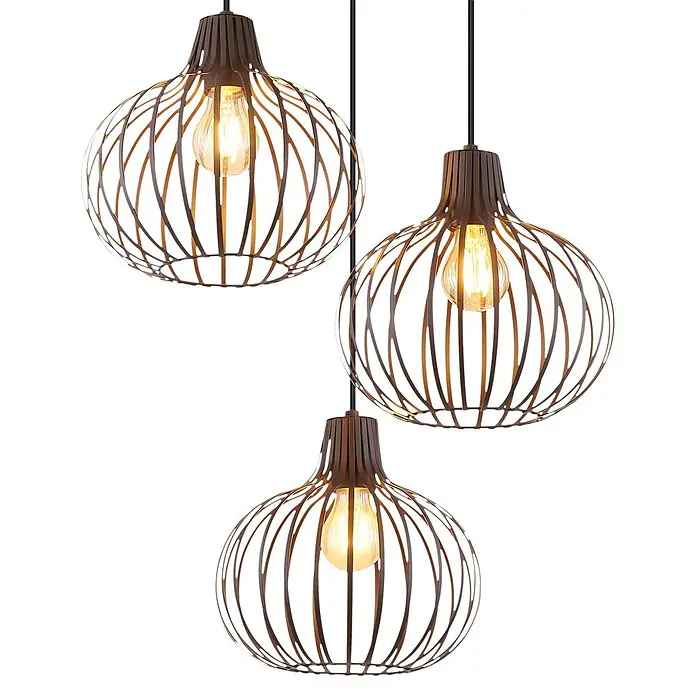 Globo Pendelleuchte Mateo - Ø x H: 500 x 1.200 mm, E27, 40 W - Drei dunkelbraune Metallkäfig-Pendelleuchten mit warm leuchtenden Edison-Glühbirnen.