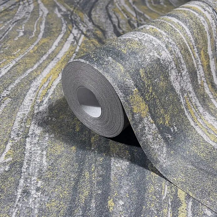Marburg Vliestapete Novamur Naomi Grafik - Grau-Gelb, Grafisch, 10,05 x 0,53 m - Teilweise abgerollte Tapetenrolle mit grauem, weißem und texturiertem Gold-Marmor-Muster.