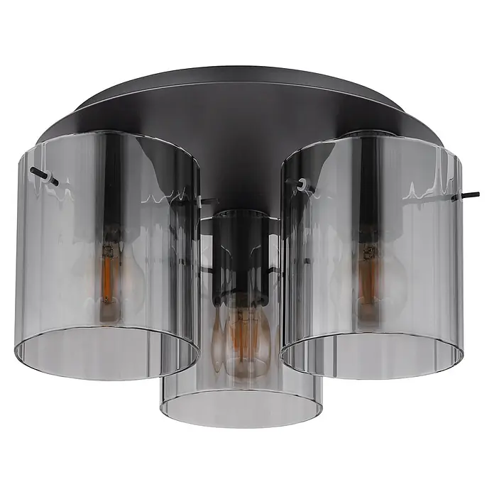 Globo Deckenleuchte Tulivar - 40 W, E27 - Schwarze Deckenleuchte mit drei rauchgrauen zylindrischen Glasschirmen und sichtbaren Filamentbirnen.