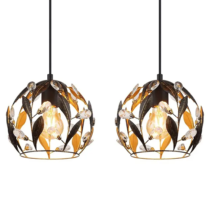 Globo Pendelleuchte Mika - 40 W, L x B x H: 740 x 200 x 1.500 mm, E27 - Zwei dekorative Hängelampen mit schwarz-goldener blattförmiger Metallarbeit, klaren Kristallakzenten und warmen Vintage-Glühbirnen.