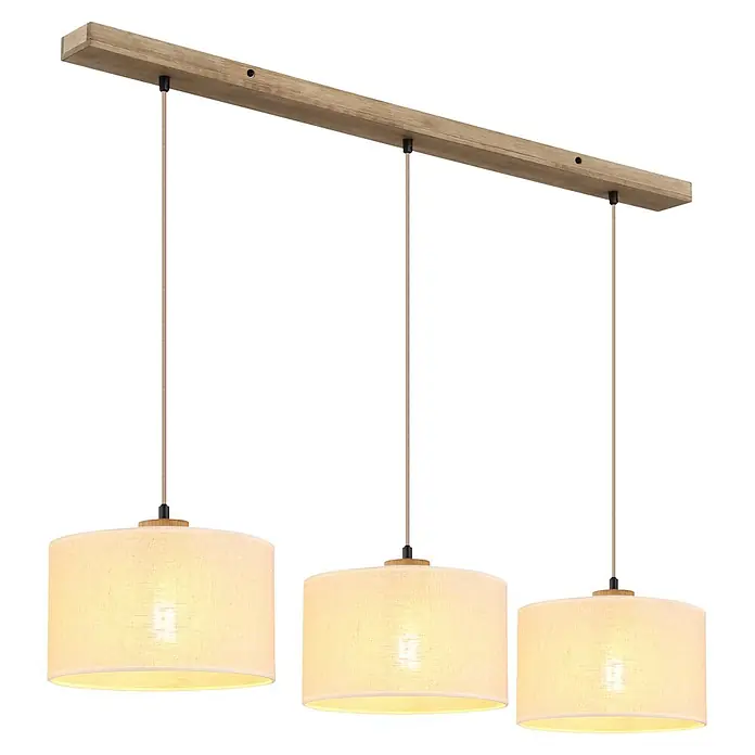 Globo Pendelleuchte Jule - L x B x H: 1.000 x 250 x 1.200 mm, Lampenfassung: E27 - Dreifach-Pendelleuchte mit Holzleiste und drei runden, hellbeigen Stoffschirmen, die warmes Licht abgeben.