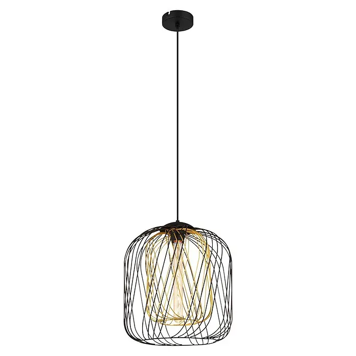 Globo Pendelleuchte Dichty - 40 W, Ø x H: 35 x 150 cm - Schwarze Hängelampe mit Metallgitter, goldenen Innenakzenten und einer Edison-Glühbirne, von einer schwarzen Deckenrosette hängend.