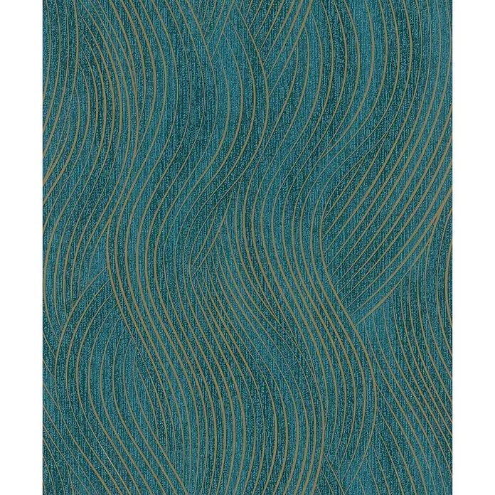 Marburg Vliestapete Novamur Mona Grafik - Grün-Gold, Grafisch, 10,05 x 0,53 m - Türkis-blaugrünes Muster mit fließenden goldenen Wellenlinien, ein abstraktes, strukturiertes Design.