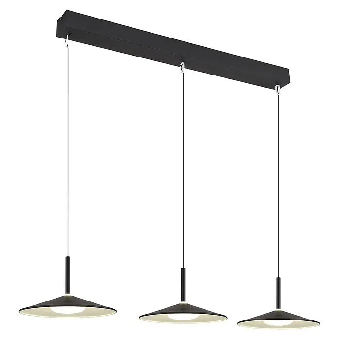 Globo LED-Pendelleuchte rund Lampone - 24 W, Neutralweiß - Schwarze lineare Pendelleuchte mit drei kegelförmigen Lampen, die ein warmes Licht abgeben.