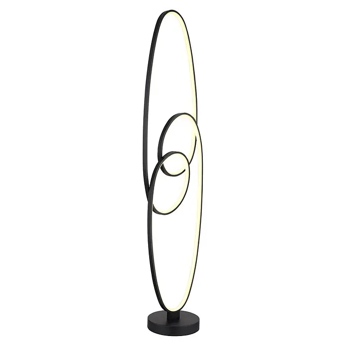 Globo LED-Deckenfluter Spira - 39 W, Höhe: 1.220 mm - Moderne schwarze Stehleuchte mit zwei ineinandergreifenden ovalen Rahmen, warmen LED-Lichtstreifen und rundem Sockel.