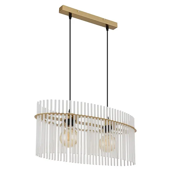 Globo Pendelleuchte Gorley - 60 W, E27, L x B x H: 600 x 230 x 1.400 mm - Rechteckige goldene Pendelleuchte mit Schirm aus weißen Milchglasstäben und zwei warmen Glühbirnen.