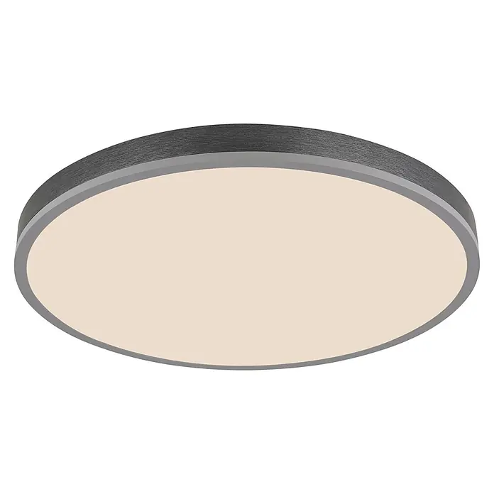 Globo LED-Panel Doro - 40 W, Warmweiß - Runde Deckenleuchte mit dunkelgrauem, gebürstetem Metallrand und hellem Diffusor.