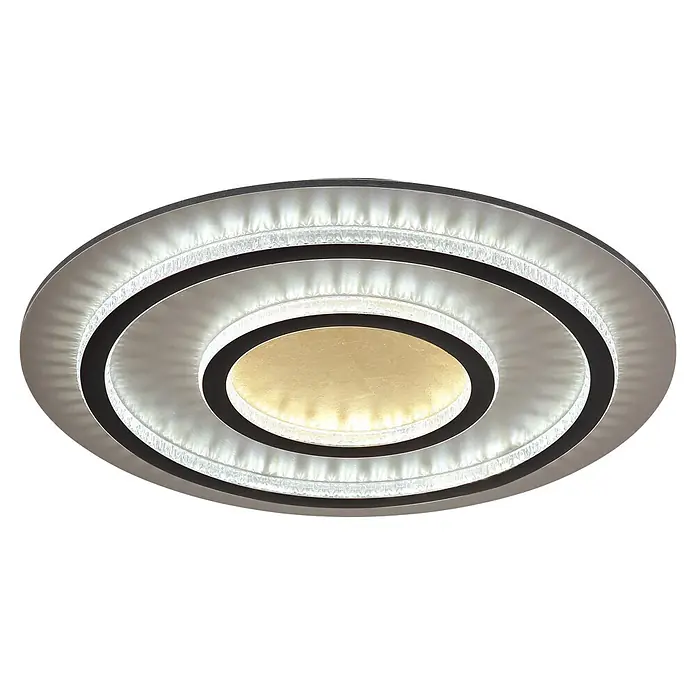 Globo LED-Deckenleuchte rund Jayden - 60 W, Warmweiß, Ø x H: 550 x 60 mm - Mehrringige LED-Deckenleuchte mit silbernem und schwarzem konzentrischem Ovaldesign, goldener Mitte und beleuchteten mattierten Akzenten.