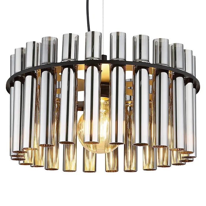 Globo Pendelleuchte rund Gorley - 60 W, Ø x H: 38 x 120 cm, E27 - Runder Kronleuchter mit Chrom- und Amberglasstäben um eine zentrale Glühfadenbirne auf schwarzem Rahmen.