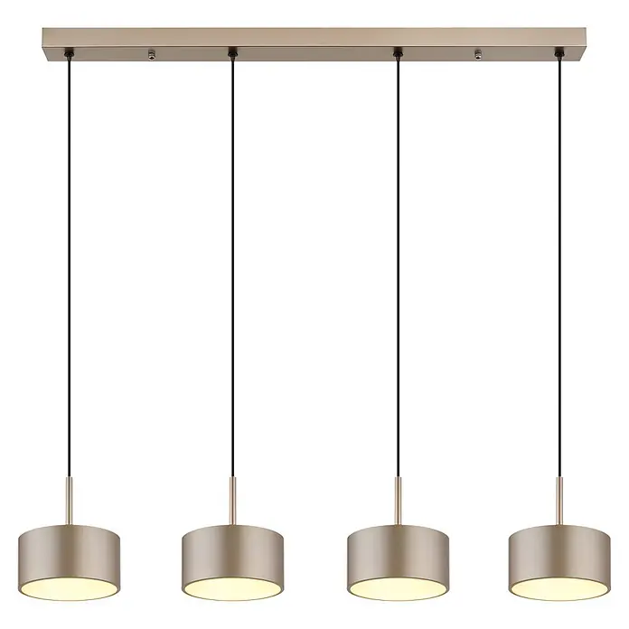 Globo LED-Pendelleuchte rund Raymond - 40 W, Warmweiß - Vierflammige lineare Pendelleuchte in gebürstetem Gold mit schwarzen Kabeln und beleuchteten zylindrischen Schirmen.