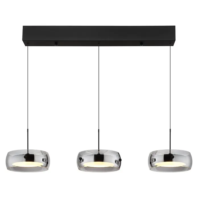 Globo LED-Pendelleuchte rund Livion - 30 W, L x B x H: 850 x 200 x 1.200 mm - Dreiflammige Pendelleuchte mit schwarzem Balken, Chromschirmen und leuchtenden Diffusoren.
