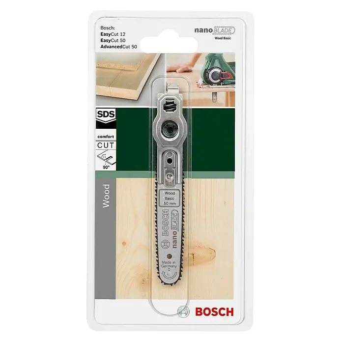 Bosch NanoBlade-Sägeblatt Wood Basic - Schnittlänge: 50 mm, Einsatzbereich: Holz - Ein NanoBlade Wood Basic Sägeblatt von Bosch in einer Verpackung. Ideal für saubere Holzschnitte mit EasyCut und AdvancedCut Sägen.