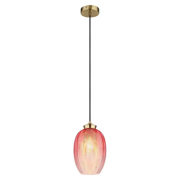Globo Pendelleuchte Varus - 60 W, Ø x H: 18 x 120 cm - Pendelleuchte mit Messing-Deckenrosette, schwarzem Kabel und beleuchtetem rotem geripptem Glasschirm.