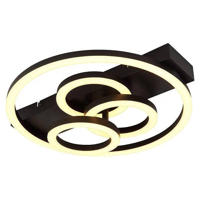 Globo LED-Deckenleuchte Darryl I - 40 W, L x B x H: 350 x 330 x 88 mm, Warmweiß - Schwarze Deckenleuchte mit mehreren beleuchteten Ringen.