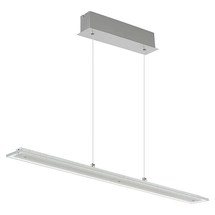 Globo LED-Pendelleuchte rund Novak - 20 W, Kaltweiß, L x B x H: 880 x 90 x 1.500 mm - Elegante silberne lineare LED-Pendelleuchte mit Klarglasdiffusor, aufgehängt an dünnen Drähten von einer rechteckigen Deckenhalterung.