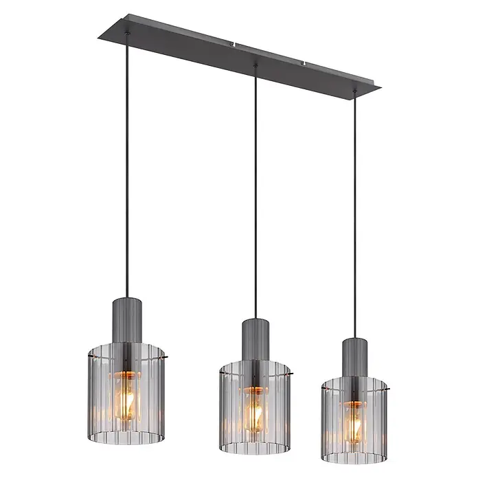 Globo Pendelleuchte Tulivar - 40 W, L x B x H: 980 x 180 x 1.200 mm - Moderne dreiflammige Pendelleuchte mit schwarzem Baldachin, schwarzen Kabeln und klaren geriffelten Glasschirmen mit beleuchteten Glühbirnen.