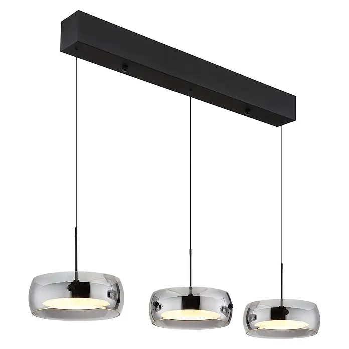 Globo LED-Pendelleuchte rund Livion - 30 W, L x B x H: 850 x 200 x 1.200 mm - Schwarze Mehrfach-Hängeleuchte mit drei verchromten Schalenlampen, die warmes Licht abstrahlen.