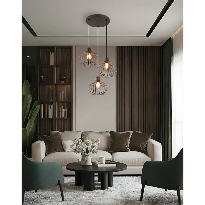 Globo Pendelleuchte Mateo - Ø x H: 500 x 1.200 mm, E27, 40 W - Set aus drei dunkelbraunen Metall-Pendelleuchten mit Drahtkäfig, die einen modernen Wohnbereich beleuchten.