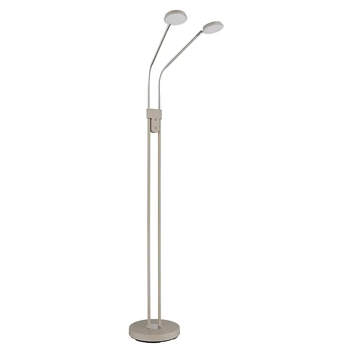 Globo LED-Deckenfluter Silvio - 6,5 W, Höhe: 1.730 mm - Beige Stehleuchte mit zwei verstellbaren silbernen LED-Leuchten und rundem Fuß.