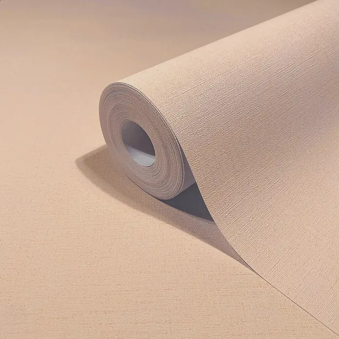 Marburg Vliestapete Novamur Oriana Uni I - Orange, Uni, 10,05 x 0,53 m - Hellbeige strukturierte Tapetenrolle teilweise abgerollt.
