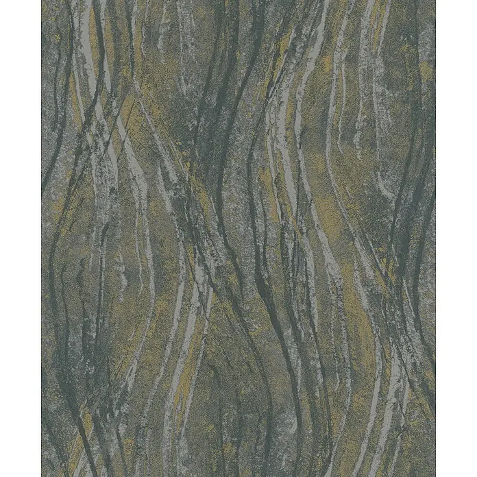 Marburg Vliestapete Novamur Naomi Grafik - Grau-Gelb, Grafisch, 10,05 x 0,53 m - Strukturiertes Wellenmuster in Grau, Dunkelgrün und Goldgelb.